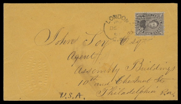 SIX PENCE AND TEN CENTS  1861 (December 18) Orange cover in choice condition, showing albino embossed Strongs Hotel, Dundas St., London, Canada advertising, bearing a well centered 10c dark purple brown (PO 5B), perf 11¾ tied by London duplex, addressed to Philadelphia; no backstamp as customary for mail to the US. An attractive, early hotel advertising cover, VF (Unitrade 17e shade) Provenance: E. Carey Fox, Second Portion, H.R. Harmer, Inc., October 1968; Lot 139