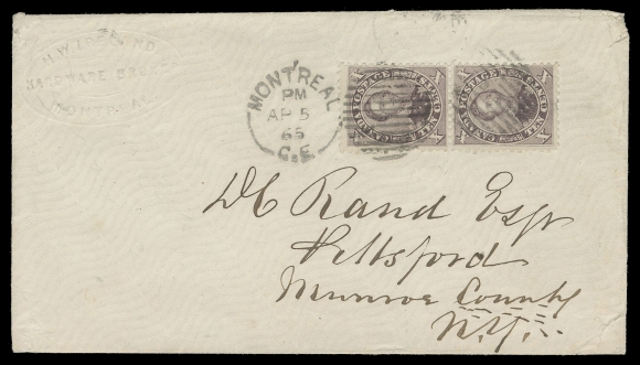 SIX PENCE AND TEN CENTS  1865 (April 5) Albino embossed H.W. Ireland Hardware Broker Montreal albino embossed advert cover bearing, a bright fresh vertical pair of the 10c dull maroon (PO 17A), perf 12x11¾, tied by clear Montreal duplex, small cover tear at lower right. A beautiful cover paying a scarce double letter rate to, Pittsford, New York, no backstamp as customary for mail to the US, VF (Unitrade 17)Provenance: E. Carey Fox (Second Portion), H.R. Harmer, Inc., October 1968; Lot 140
