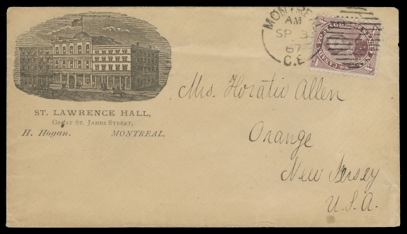 SIX PENCE AND TEN CENTS  1867 (September 3) St. Lawrence Hall illustrated advertising manila coloured envelope addressed to New Jersey, United States, franked with a nicely centered 10c darkish brown red (PO 23A), perf 12, slight corner crease, tied by neat Montreal duplex, showing the Position 20 "Close Shave" (chin) plate variety along with "C" flaw above "CANADA" - both varieties only appearing on later printings. A great cover for the specialist, VF (Unitrade 17vi + variety)Provenance: Arthur Groten, Maresch Sale 133, September 1981; Lot 302