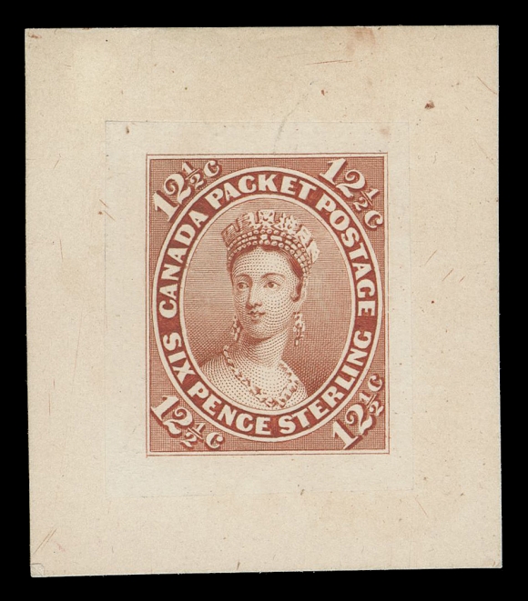SEVEN AND ONE HALF PENCE AND TWELVE AND ONE HALF CENTS 18,"Goodall" Die Proof engraved in brownish red on india paper 23 x 28mm die sunk on card 36 x 41mm blue on india paper, superb in all respects, XF and rare (Minuse & Pratt 18TC2g)
Provenance: Dale-Lichtenstein, Sale 10 - Canada, H.R. Harmer, Inc., December 1970; Lot 438.
Henry Hussey, Sissons Sale 329, November 1973; Lot 144.
Arthur Groten, Maresch Sale 133, September 1981; Lot 380.