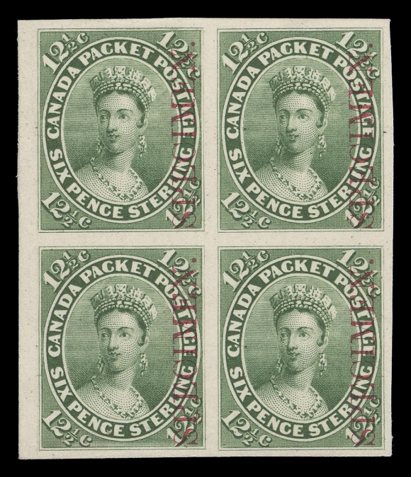 SEVEN AND ONE HALF PENCE AND TWELVE AND ONE HALF CENTS  18Pi,Plate proof block in issued colour on card mounted india paper with vertical SPECIMEN overprint in carmine, sheet margin at right, VF and choice