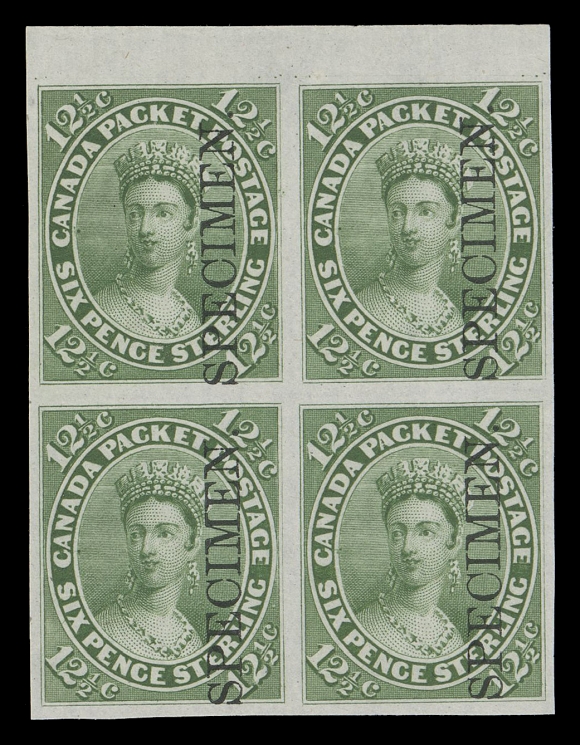 SEVEN AND ONE HALF PENCE AND TWELVE AND ONE HALF CENTS  18Pii,Plate proof block in issued colour on india paper with vertical SPECIMEN overprint in black, sheet margin at top, choice, VF