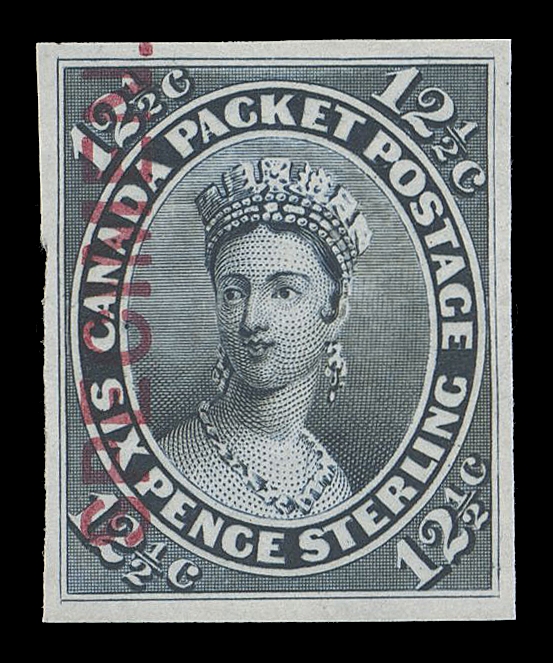 SEVEN AND ONE HALF PENCE AND TWELVE AND ONE HALF CENTS 18TCiii,Trial colour plate proof in dark blue on india paper, with vertical SPECIMEN (Type B) thick letter overprint; of the sole specimen overprint sheet in blue, only 40 received the Type B overprint, VF; ex. "Lindemann" collection (private treaty circa. 1997)