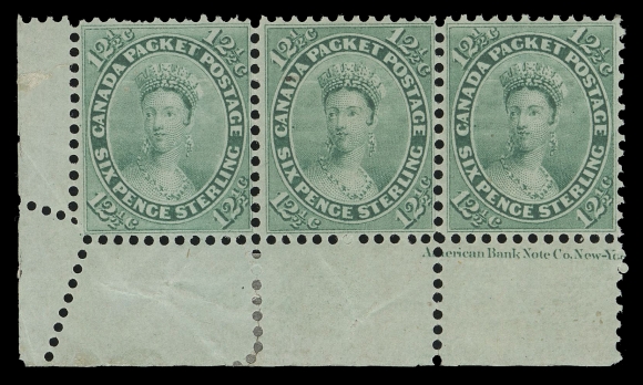 SEVEN AND ONE HALF PENCE AND TWELVE AND ONE HALF CENTS  18a,A phenomenal mint lower left corner margin strip of three, remarkably well centered, fabulous bright colour on fresh paper,  displaying a nearly complete ABNC imprint below stamp Pos. 93 as  well as a pre-perforation paper fold resulting in "zig-zag"  perforations in the margin, a couple shorter perfs at top left,  inconsequential for this important imprint multiple, unusually  large part original gum, left stamp NEVER HINGED. A glorious positional multiple of high caliber; Extremely FineProvenance: B.K. Denton, Sissons Sale 357, January 1976; Lot 812.Arthur Groten, Maresch Sale 133, September 1981; Lot 401.The "Lindemann" Collection (private treaty circa. 1997).
