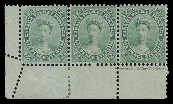 SEVEN AND ONE HALF PENCE AND TWELVE AND ONE HALF CENTS 18a,A phenomenal mint lower left corner margin strip of three, remarkably well centered, fabulous bright colour on fresh paper, displaying a nearly complete ABNC imprint below stamp Pos. 93 as well as a pre-perforation paper fold resulting in "zig-zag" perforations in the margin, a couple shorter perfs at top left, inconsequential for this important imprint multiple, unusually large part original gum, left stamp NEVER HINGED. A glorious positional multiple of high caliber; Extremely Fine
Provenance: B.K. Denton, Sissons Sale 357, January 1976; Lot 812.
Arthur Groten, Maresch Sale 133, September 1981; Lot 401.
The "Lindemann" Collection (private treaty circa. 1997).
