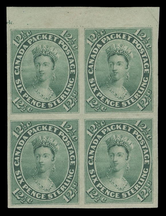 SEVEN AND ONE HALF PENCE AND TWELVE AND ONE HALF CENTS  18b,An impressive mint block with sheet margin at top and very large margins on other sides, not often seen as such, small portion of plate imprint visible at top left; sealed diagonal tear on top left stamp ending in margin between pairs, still of Very Fine appearance and more importantly possessing FULL ORIGINAL GUM, which is very rarely encountered on any Cents issue imperforates.Valuation: The premium of 150% for original gum on the 1859-1868 Decimal issues has not been factored in the catalogue value.Provenance: Dale-Lichtenstein, Sale 2 - B.N.A. Part One, November 1968; Lot 395