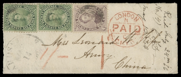 SEVEN AND ONE HALF PENCE AND TWELVE AND ONE HALF CENTS  1866 (May 14) Small complete envelope of great appeal, mailed to Amoy, China, bearing a single 10c dull purple (tear likely caused from affixing to cover) and two 12½c dark yellow green, lightly cancelled, partly legible Wardsville MAY 14 1866 large circular datestamp at left, neat London Paid 30 MY 66 circular transit in red with same-ink large "1d" along with red crayon "1/-" rates; on reverse Hamilton MY 15 1866 and Hong Kong JY 21 66 CDS transit backstamps. Paying the then current 35 cent rate (per half ounce, effective until 1870) to China. A well-travelled cover via the United Kingdom on both Canadian Packet and Peninsular and Oriental Packet, of which no less than six route stages were required for this cover to be delivered, F-VF (Unitrade 17, 18)Provenance: Gerald Wellburn, Robson Lowe (Toronto), November 1983; Lot 173A VERY SCARCE DECIMAL COVER TO CHINA WHICH TOOK MORE THAN TEN WEEKS TO BE DELIVERED. ACCORDING TO FIRBY CENSUS, ONLY SIX COVERS ARE FRANKED WITH SUCH FRANKING TO CHINA.