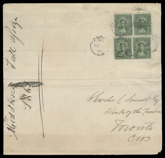 SEVEN AND ONE HALF PENCE AND TWELVE AND ONE HALF CENTS  1861 (November 11) Large parcel post wrapper mailed from London, C.W. to Toronto, bearing two horizontal pairs of 12½c dark green, perf 11¾ tied by London duplex, light Toronto NO 12 receiver backstamp. This is the only known example of a  double 25 cent parcel post rate (for two pound parcel), Fine and impressive. (Unitrade 18ii early printing)Provenance: Henry Lubke Jr. Third Portion, Maresch Sale 272, December 1992; Lot 550.Carnegie Institute, Siegel, May 1981; Lot 78.Chapman, Sissons Sale 19, February 1947; Lot 1227.Literature: In Arfken & Leggett, "Canada