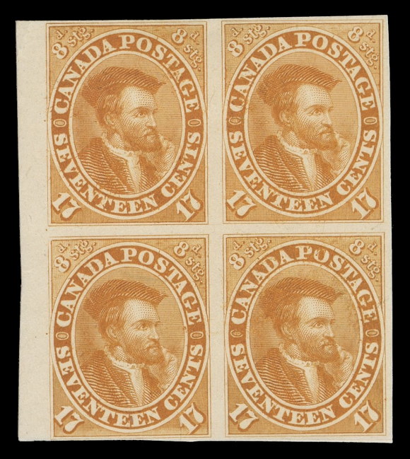 TEN PENCE AND SEVENTEEN CENTS  19TCii,Trial colour plate proof block in orange yellow on card mounted india paper, sheet margin at left, rich colour and visually striking; very scarce as a block, F-VFUpper left stamp (Position 41) shows Re-entry with doubling of inner frame at top right near and above "8".