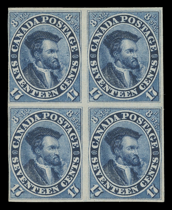 TEN PENCE AND SEVENTEEN CENTS  19b, iii,A spectacular mint block, displaying the bright shade associated with this scarce imperforate, top left stamp shows the well-documented and sought-after "Burr over Shoulder" plate variety (Position 7), barely touching outer frame at left to ample margins all around, completely sound and remarkably possessing FULL ORIGINAL GUM, minor natural short gumming spots; pencil signed by expert Herbert Bloch. A very impressive, one-of-a-kind imperforate block with this important plate variety, F-VF OG / LH (Unitrade 19b, iii)Valuation: A premium of 150% for original gum is given on the 1859-1868 Decimal issues. This block graded Fine to Very Fine OG without the plate variety would command a catalogue value of $35,000.Literature: Illustrated in Capex 