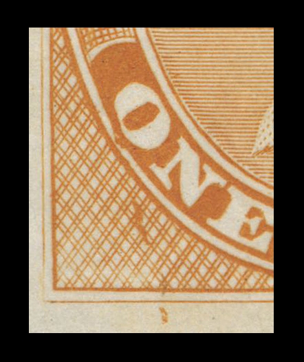 HALF PENNY AND ONE CENT 14TCii + variety & specimen,An impressive trial colour plate proof block in orange yellow on india paper, unusual SPECIMEN (11.5 x 2.5mm) handstamp overprint in dark red, applied horizontally on lower right stamp, the only reported example, most attractive, VF (Minuse & Pratt 14TC3S-Chb)
Provenance: The "Lindemann" Collection (private treaty circa. 1997)
Remarkably enough, the upper left proof clearly shows the "Q" plate flaw (Position 38; Whitworth Flaw 1a), the early stage of this well-documented flaw, the most prominent and sought-after as such. The flaw first appeared in 1864 and was retouched over the next 4 years, becoming weaker as a result (Whitworth Flaw 1b & 1c).
