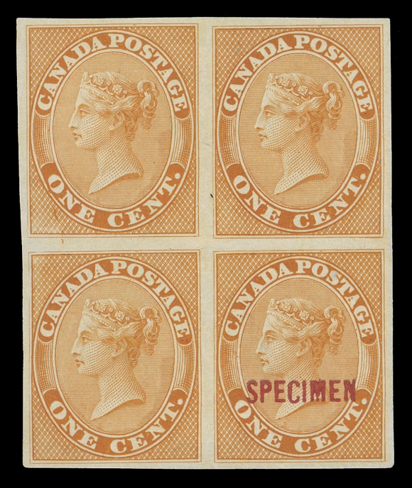 HALF PENNY AND ONE CENT  14TCii + variety & specimen,An impressive trial colour plate proof block in orange yellow on india paper, unusual SPECIMEN (11.5 x 2.5mm) handstamp overprint in dark red, applied horizontally on lower right stamp, the only reported example, most attractive, VF (Minuse & Pratt 14TC3S-Chb) Provenance: The "Lindemann" Collection (private treaty circa. 1997)Remarkably enough, the upper left proof clearly shows the "Q" plate flaw (Position 38; Whitworth Flaw 1a), the early stage of this well-documented flaw, the most prominent and sought-after as such. The flaw first appeared in 1864 and was retouched over the next 4 years, becoming weaker as a result (Whitworth Flaw 1b & 1c).
