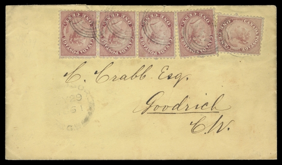 HALF PENNY AND ONE CENT  1861 (July 29) Yellow cover bearing a well centered strip of three and two single 1c deep rose, perf 11¾, tied by light four-ring numeral cancels (should be 
