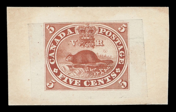 THREE PENCE AND FIVE CENTS  15,An exceptional "Goodall" die proof, engraved, in brownish red on india paper 31 x 21mm die sunk on card 42 x 26mm, in choice condition; one of the five known colours associated with "Goodalls" and almost identical to the issued stamp, VF (Unitrade 15 proof; Minuse & Pratt 15TC2g)

Provenance: Art Leggett Cents Issue Exhibit Collection (private sale).

The "Lindemann" Collection (private treaty circa. 1997).
