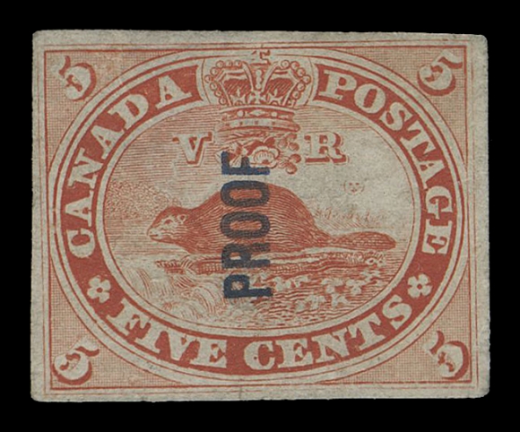 THREE PENCE AND FIVE CENTS  15P + proof,Plate proof in issued colour on india paper with vertically handstamped "PROOF" (7.5 x 2.5mm) overprint in blue, lightly soiled; allegedly the only known example, Fine (Unitrade 15P, unlisted with overprint) ex. "Lindemann" (private treaty circa. 1997)