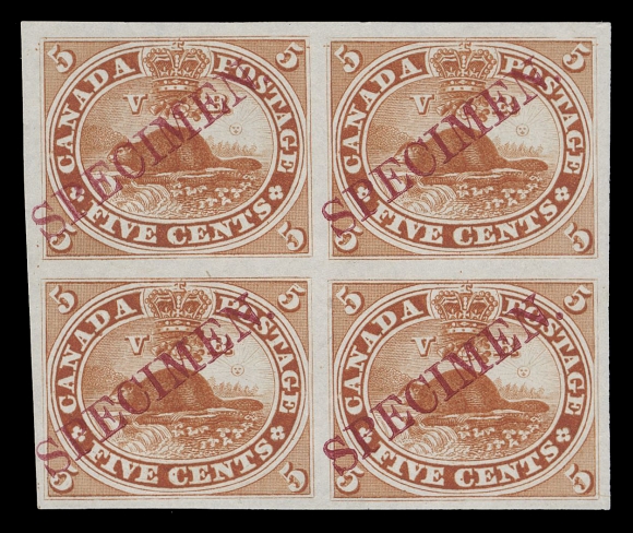 THREE PENCE AND FIVE CENTS  15TCiii,Trial colour plate proof block printed in brown red on india paper with diagonal SPECIMEN overprint in carmine, large margins all around and in pristine condition, seldom seen as a block and scarcer than catalogue values indicate - this particular proof was not present in the 1990 ABNC sale, XFProvenance: Gerald Wellburn, Robson Lowe (Toronto), November 1983; Lot 15.                   Art Leggett Cents Issue Exhibit Collection (private sale).                   The "Lindemann" Collection (private treaty circa. 1997).