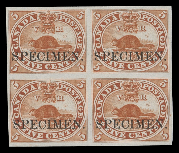 THREE PENCE AND FIVE CENTS  15Piv,Trial colour plate proof block, printed in brownish red on india paper, with horizontal SPECIMEN overprint in black, brilliant fresh and choice, VF
