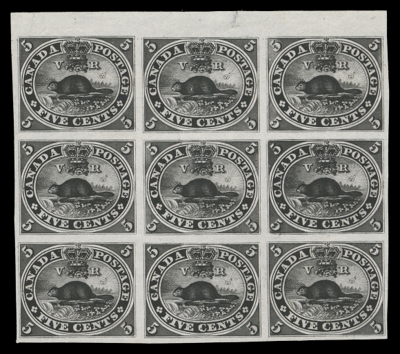 THREE PENCE AND FIVE CENTS  15TCvii,An extremely rare and most attractive trial colour plate proof block of nine printed in black on india paper, Positions 4-6 / 24-26, showing strong Re-entries on Positions 15 and 16 with very prominent doubling in places (State 1 - Whitworth State 1 - R.24 and R.17), small tear entirely in margin at top. No larger proof block in black exists and none was present in the famous 1990 ABNC Archives sale. A fabulous proof block in remarkably choice condition, XF (Unitrade cat. as normal singles)