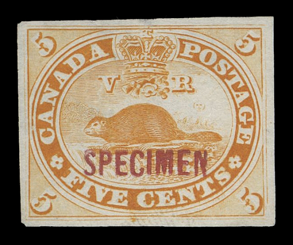 THREE PENCE AND FIVE CENTS  15TCviii + specimen,Trial colour plate proof single in orange yellow on india paper with a very scarce horizontal SPECIMEN (11.5 x 2.5mm) handstamped overprint in dark red. The Minuse & Pratt book lists these on a few Pence & Cents issues but not on the 5 cent Beaver, VF and ideal proof for the specialist. (Unitrade 15TCviii, unlisted with specimen)