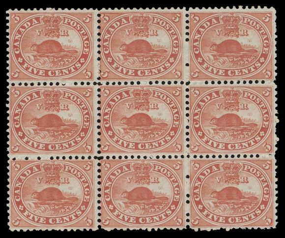 THREE PENCE AND FIVE CENTS  15,An extraordinary mint block of nine with bright, vivid colour and superior centering for this issue, minor crease on top right  stamp, blunt perf on stamp below and light gum blemish on two  others, nevertheless in an excellent state of preservation with  FULL ORIGINAL GUM, NEVER HINGED. A very impressive multiple of  the highest caliber, exceptionally fresh, and ideally combining  absolute rarity and desirability. One of the greatest showpieces  related to the Five cent Beaver, VF NH (Unitrade cat. for nine  mint NH singles)Provenance: Vincent Graves Greene Collection, Sissons Sale 346,  February 1975; Lot 215.Arthur Groten, Maresch Sale 132, September 1981; Lot 147.Unknown provenance, Ian Kimmerly Auctions Sale 32, January 1993; Lot 691.Art Leggett, Cents Issue Exhibit Collection (private sale).The "Lindemann" Collection (private treaty circa. 1997).Searching for comparable multiples of the 5 cent Beaver we were  able to find:(1) a poorly centered, no gum block of ten originating from the  Jarrett collection (Sissons, December 1959; Lot 58).(2) a nicely centered mint OG block of nine with bends, from  Dale-Lichtenstein (Sale 2 - BNA Part One, November 1968; Lot  323), "Carrington" (June 2002; Lot 3307).(3) an off-centre mint block of nine with margin at foot ex.  Dale-Lichtenstein (Sale 10 - Canada, December 1970; Lot 355),  Arthur Groten (September 1981; Lot 148), Sam Nickle (March 1993;  Lot 243), "Lindemann" collection (private treaty circa. 1997).