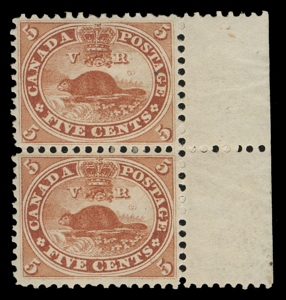 THREE PENCE AND FIVE CENTS  15c,An extremely well centered mint vertical pair with sheet margin at right, in the deep rich shade commonly known as "Brick Red", superior centering unlike many examples (of any printing) we have handled, full original gum, light hinge remnants. A superb mint pair of this distinctive first printing, XF OG and rare thus.Provenance: The "Lindemann" collection (private treaty circa. 1997).