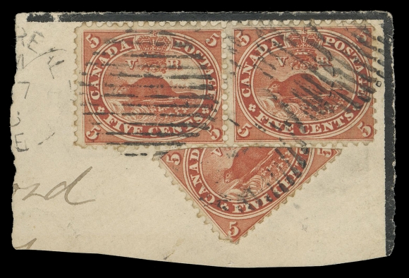 THREE PENCE AND FIVE CENTS  15b,Horizontal pair used together with a very rare diagonal bisect to make the required Allan Line packet rate of 12½c to the United Kingdom, clearly tied by grids to mourning cover piece, portion of Montreal datestamp visible at left. Covers are virtually non-existent (we are unaware of even one cover), making this lovely item quite desirable, VFExpertization: 2001 Greene Foundation certificateProvenance: Dale-Lichtenstein, Sale 2 - B.N.A. Part One, H.R. Harmer Inc., November 1968; Lot 328 - realized then an impressive US$600.Sam Nickle, Christie