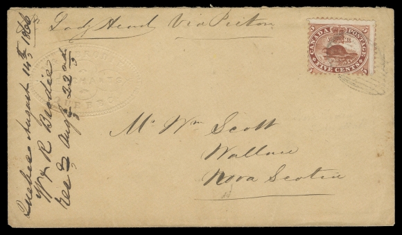 THREE PENCE AND FIVE CENTS  1866 (August 20) W.R. Brodie Merchants, Quebec albino embossed advert envelope endorsed "per Lady Head via Pictou", docketing at left; from Quebec it was carried aboard The Lady Head, then posted on arrival at Pictou, Nova Scotia; bearing single 5c dark vermilion, perf 12 tied by oval mute grid cancel of NS, Pictou AU 20 1866 double arc dispatch alongside Wallace, NS AU 22 receiver backstamps, light central crease to envelope only. Reportedly the only known usage of a 5 cent Decimal from the Maritimes prior to Canadian Confederation (one of just two reported Cents Issue covers), F-VF (Unitrade 15)