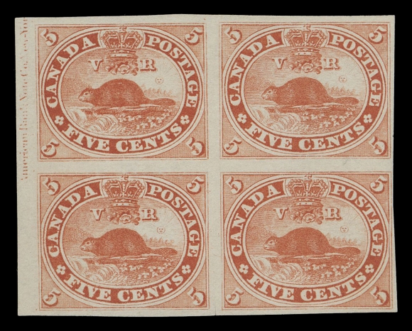 THREE PENCE AND FIVE CENTS  15a,The famous Pack - Jephcott - Groten IMPERFORATE BLOCK, displaying a nearly complete American Bank Note Co. New Yor(k) plate imprint in margin at left, well clear to large margins all around, tiny marginal scissor cut between lower pair, ungummed as issued. Characteristic bright colour associated with this very rarely seen imperforate on medium wove paper, in pristine condition. A glorious block in all respects not seen in the market for more than 25 years; a "must-have" for a serious collector contemplating exhibiting at a high-level, Very FineProvenance: Charles Lathrop Pack, Part I, Harmer, Rooke & Co., December 1944; Lot 141.C.M. Jephcott, Maresch Private Treaty, first catalogue, 1977; item 73.Arthur Groten, Maresch Sale 132, September 1981; Lot 139.Maresch Private Treaty, second catalogue, 1982; item 138.The "Lindemann" Collection - Canada Pence & Cents Issue (private treaty circa. 1997)Literature: Illustrated in Winthrop Boggs "The Postage Stamps and Postal History of Canada" handbook on page 184.Only three blocks (and fewer pairs) exist as follows:1) the block offered here.2) a similar imprint block, ex. Dale-Lichtenstein, Sale 5 - B.N.A. Part Two, May 1969; Lot 604 - described as "part o.g.; one stamp in left pair badly thinned, tiny thin in margin of right stamp".3) a left margin mint block, tiny portion of imprint shows at bottom left, large part original gum. ex. Dale-Lichtenstein, Sale 2 - B.N.A. Part One, November 1968; Lot 327, and Ron Brigham collection.