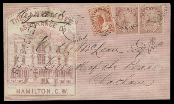 THREE PENCE AND FIVE CENTS  1863 (May 22) The Canada Life Assurance Co. Hamilton, C.W. all-over illustrated advertising cover mailed registered from Hamilton to Chatham, U.C., bearing horizontal pair of 1c rose, perf 12 x 11¾, one stamp creased, and a single 5c vermilion, perf 11¾x12, tied by Hamilton duplex, paying 5 cent domestic letter rate plus registration fee of 2 cents; next-day Chatham MY 23 arrival backstamps. Most appealing and VF (Unitrade 14viii, 15)Provenance: Dale-Lichtenstein, Sale 5 - B.N.A. Part Two, H.R. Harmer Inc., New York, May 1969; Lot 575