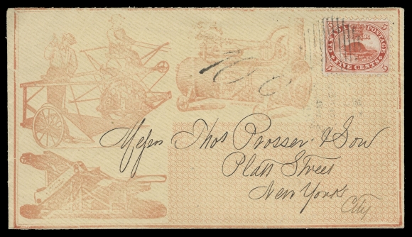 THREE PENCE AND FIVE CENTS 1866 (circa.) Steam engine, threshing machine and reaper all-over illustrated advertising cover, in red on amber, on reverse all-over printed text of Brantford Steam Engine Works, franked with a 5 cent vermilion tied by mute grid, indistinct postmark below, underpaid the required 10 cent letter rate to the US, deemed unpaid with "10c" handstamp due from the recipient. A superb advertising cover that has graced two famous collections of the past, XF (Unitrade 15)
Provenance: Gerald Wellburn Cents issue collection, Robson Lowe (Toronto), November 1983; Lot 144.
Alfred Caspary, Sale 5 - British North America, H.R. Harmer, Inc. New York, October 1956; Lot 162.