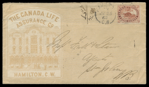 THREE PENCE AND FIVE CENTS  1862 (June 25) The Canada Life Assurance Co. Hamilton, C.W. all-over illustrated advertising envelope, missing backflap, from Hamilton to Saint John, New Brunswick and franked with a single 5c vermilion, perf 11¾, with a very noticeable short entry variety at lower left, tied by dispatch duplex; horizontal cover crease just clear of stamp. Paying a scarce interprovincial 5 cent letter rate, via railway to Portland, Maine and then by steamer to Saint John. A scarce and attractive advertising cover to New Brunswick, F-VF (Unitrade 15 early printing)