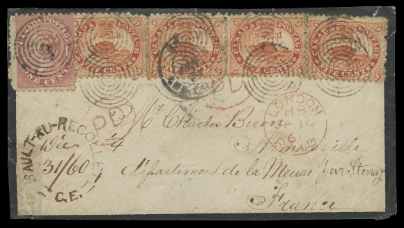 THREE PENCE AND FIVE CENTS  1860 (December 31) Mourning cover front to France displaying a spectacular franking consisting of single 1c deep rose and four single 5c vermilion, all perf 11¾, neatly positioned at top and ideally postmarked with clearly struck concentric rings, Sault-Au-Recollet, C.E. postmark partially touched up by postmaster with same-ink filled-in manuscript date, London Paid JA 19 61 CDS in red with two oval "PD" instructional markings, one of which ties two 5 cent stamps, French transit CDS further ties stamp; sealed tear at lower left. A very rare Cunard Line rate to France with wonderful eye-appeal - of the mere four recorded (three at 21-cent) this is the only recorded with this franking, Fine+ (Unitrade 14, 15 early printings)Provenance: Gerald Wellburn, Robson Lowe (Toronto), November 1983; Lot 165.Art Leggett Cents Issue Exhibit Collection (private sale).The "Lindemann" Collection (private treaty circa. 1997).Census: This is cover No. 3 listed in Arfken & Leggett "Canada