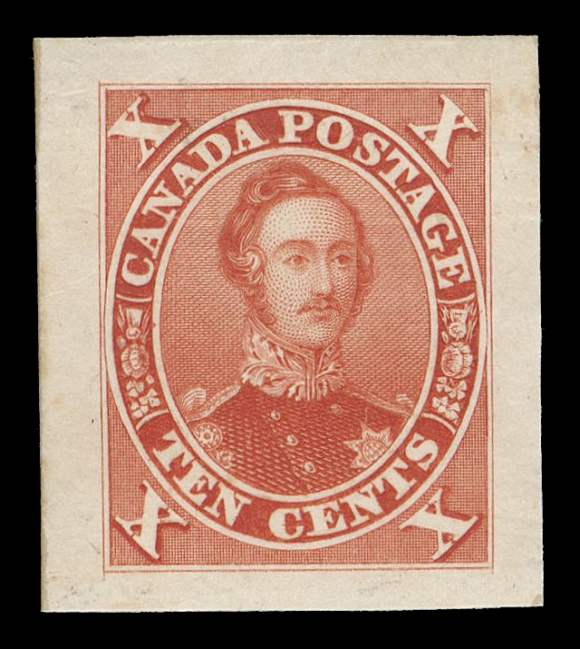 SIX PENCE AND TEN CENTS  16,"Goodall" Die Proof, engraved, printed in deep orange red on card mounted india paper 23 x 27mm, originating from the compound die (with the 12 pence), minor mounting mark on back, eye-arresting, vivid colour, VF (Minuse & Pratt 16TC1a)