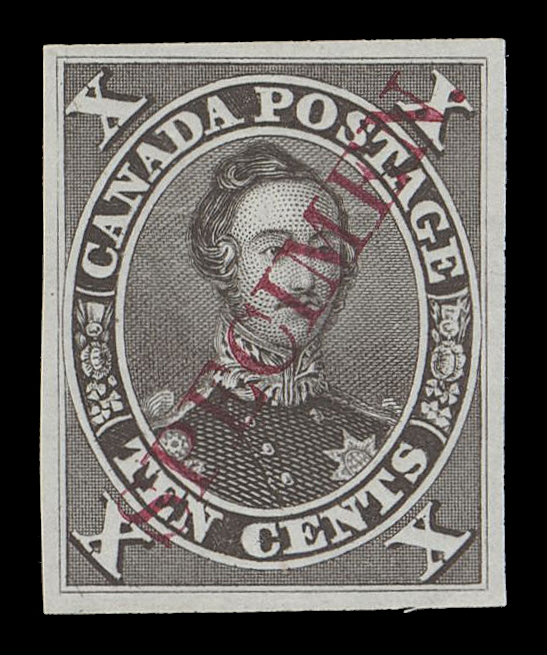 SIX PENCE AND TEN CENTS  16Pii,Plate proof single in the issued first printing colour on india paper, with the elusive diagonal SPECIMEN overprint in carmine, VF
