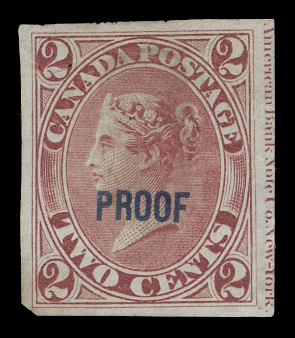 TWO CENTS  20TC + unlisted proof,Plate proof in near issued colour with ABNC imprint at right, on india paper with horizontal "PROOF" (7.5 x 2.5mm) handstamped overprint in blue, mounting stain and small flaws at top. We were only able to locate one other similar proof (ex. Groten Collection, 1981), Fine (Unitrade 20TC + unlisted overprint; Minuse & Pratt 20P3S-Phb) Provenance: The "Lindemann" Collection (private treaty circa. 1997)