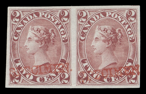 TWO CENTS  20TC + unlisted specimen,A choice plate proof pair in near issued colour on india paper, each with unusual serifed "SPECIMEN." (18.5 x 2.5mm) handstamped overprint in dark orange red. This Minuse & Pratt listed specimen is the first we recall offering, VF (Minuse & Pratt 20P3S-K) Provenance: The "Lindemann" Collection (private treaty circa. 1997)
