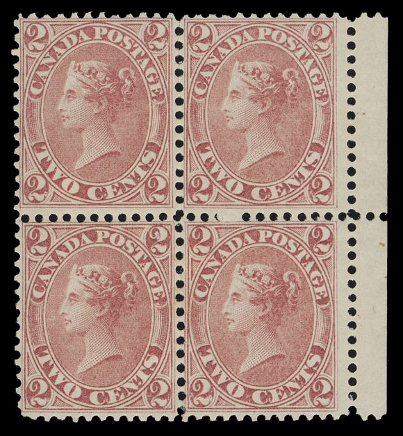 TWO CENTS  20, iii, v,A superior mint block of the first printing with sheet margin at right, very well centered with exceptionally fresh colour, large part original gum disturbed. Without question, one of the choicest mint blocks that exists; especially desirable being from the First Printing, VF+ OGUpper left stamp shows extension of vertical frameline variety at lower left; right pair with dash in lower right "2" variety.