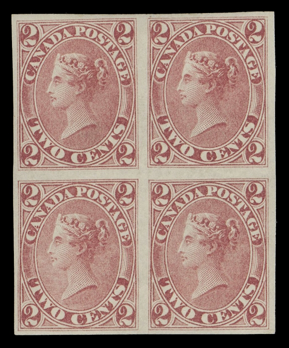 TWO CENTS  20b,A selected imperforate block of four, surrounded by remarkably large margins for this imperforate, printed in the characteristic deeper shade on wove paper; possessing large part original gum which is unusual as most existing examples are without gum. A wonderful block with superior traits, rarely seen thus, VF+ OGExpertization: 1986 Greene Foundation certificate (identified as old CS number #13)