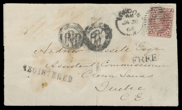 TWO CENTS  1865 (January 28) Official cover front mailed with free franking privilege, instructional marking "FREE" and "REGISTERED" handstamps, initially deemed UNPAID 7 in error which was then obliterated with two strikes of four-ring 