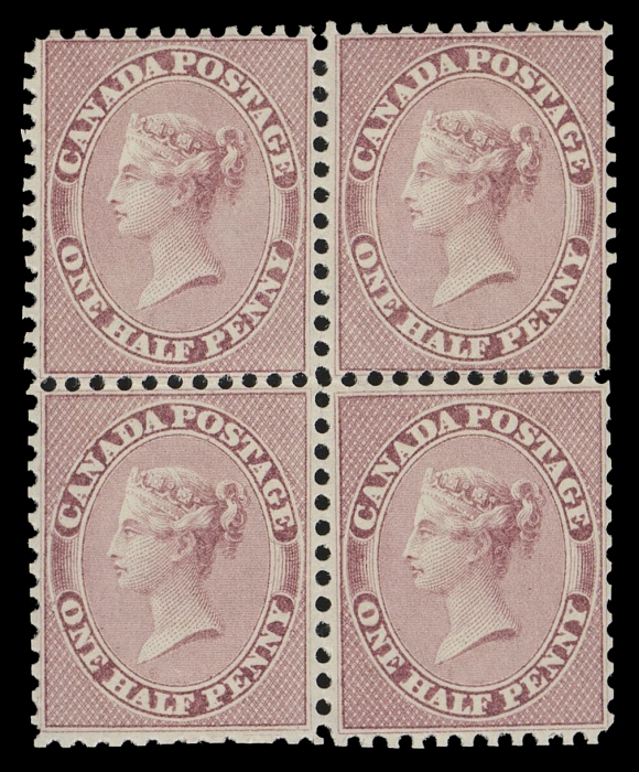 HALF PENNY AND ONE CENT  11,The famous UNIQUE mint block - the largest surviving mint multiple of this rarity, extremely well centered and displaying exceptionally rich colour on bright fresh paper, barely discernible flaw at top right, some slightly trimmed perfs but essentially intact all around. Possessing remarkably fresh and clean, FULL ORIGINAL GUM, very lightly hinged, bottom left stamp NEVER HINGED. A superb showpiece of the highest order, that was fittingly described by Charles Firby at the Sam Nickle sale as "one of the stars of the collection", Very Fine (Unitrade cat. $60,000 as mint singles)Interestingly enough, the lower left stamp shows the Major Re-entry from Position 34 in the plate of 100 subjects, with characteristic marks in lettering of "CANADA", above "CAN" of "CANADA", in "P" of "POSTAGE" among others.Provenance: General Robert Gill, Robson Lowe Ltd., October 1965; Lot 55.E. Carey Fox, First Portion, H.R. Harmer, Inc., May 1968; Lot 370.Clare M. Jephcott, Maresch Private Treaty (first catalogue, 1977), item 62.Sam Nickle Pence Issue Collection, Firby Auctions, October 1988; Lot 424 - sold then for an impressive US$16,000 hammer.Literature: Illustrated in Robson Lowe "The Encyclopedia of British Empire Postage Stamps Volume V - British North America" on the colour plate facing page 160.Illustrated in Capex 