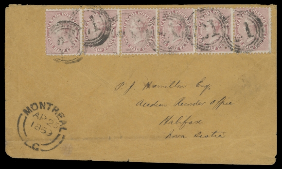 HALF PENNY AND ONE CENT  1859 (April 25) Flimsy brown envelope mailed from Montreal to Halifax, Nova Scotia, with a very rare multiple franking consisting of a HORIZONTAL STRIP OF SIX of the Half penny rose, perf 11¾, tied by four-ring 