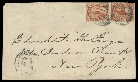 THREE PENCE AND FIVE CENTS  1859 (July 31) Mixed-issue Pence-Cents issues franked cover of the utmost rarity - consisting of single perforated 3p red and first printing 5c brick red perf 11¾, former quite well centered and sound, latter with small flaw at top right, both tied by light four-ring 