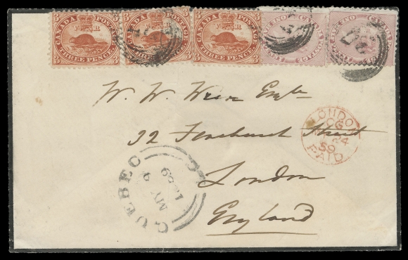 THREE PENCE AND FIVE CENTS  1859 (May 9) Mourning cover displaying an outstanding franking consisting solely of the perforated Pence issues with two singles of the Half penny rose and three of the Three pence red, tied by light four-ring 