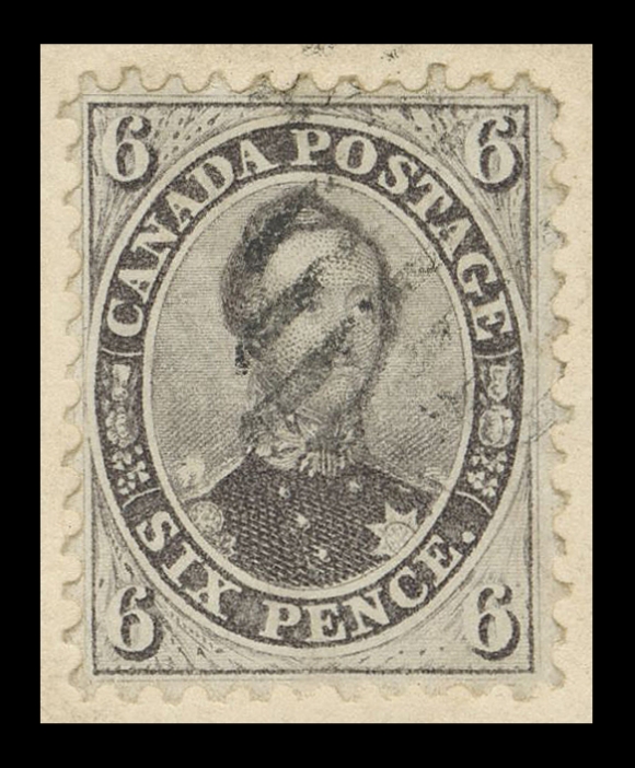 SIX PENCE AND TEN CENTS  1859 (March) Small cover in immaculate condition with handwritten letter enclosed, franked with an outstanding example of the perforated 6p brownish grey, displaying large margins for the issue with superior centering, intact perforations and rich colour, tied by light diamond grid cancellation of Toronto with split ring dispatch, sent to Penfield, New York, "PAID" handstamp in red and no backstamp as customary for the mail to the US. Quite possibly THE FINEST SIX PENCE PERFORATED FRANKED COVER - an absolute showpiece, of great rarity with these lofty attributes, XF (Unitrade 13)Provenance: John Kay, Harmer, Rooke & Co., January 1944; Lot 665.Dave Roberts, Maresch Sale 315, March 1997; Lot 79.John Siverts, Part II, Maresch Sale 230, September 1989; Lot 63.