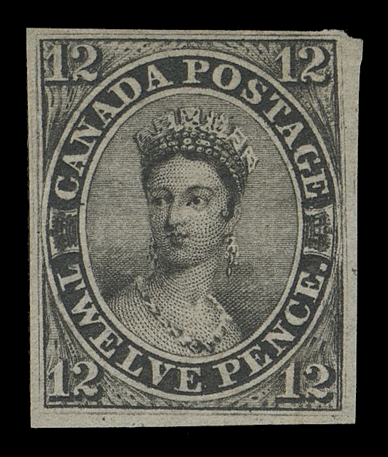 TWELVE PENCE  3,A flawless mint example of this world-renowned classic stamp, displaying superior physical attributes to many of its peers with ample to large margins, very strong colour and bold impression on the distinctive laid paper, with visible laid lines and more importantly possessing unusually full original  gum, lightly hinged. All these traits combined are very seldom found on this particular stamp. A beautiful stamp in all respects, purchased by Ron Brigham when the famous "Lindemann"  collection (Ian Bett) was sold by dealer John Jamieson in a  series of private treaty catalogues more than 25 years ago.  Described then (in 1997) by Jamieson as: "certainly one of finest examples of this Great Rarity remaining. It was purchased in  August of 1975 and has remained part of our client