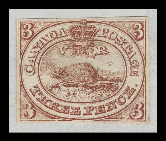 THREE PENCE AND FIVE CENTS  1,The Three Pence Venetian Red Essay on thin soft cream coloured wove paper, prepared in 1851 by printer Ellis of Toronto and mounted on Sanford Fleming