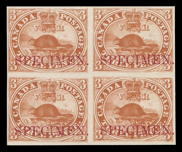THREE PENCE AND FIVE CENTS  1TC + variety,Plate proof block in red, colour of issue, on card mounted india paper, horizontal SPECIMEN overprint in carmine; lower right stamp shows the sought-after Major Re-entry (Plate A Position 47) with very prominent doubling in and around "EE PEN" of "THREE PENCE", bottom of three of the 3s, in "POSTAGE" among other traits; the most striking and important plate variety to be found on the three penny Beaver, VF ex. "Lindemann" collection (private treaty circa. 1997)
