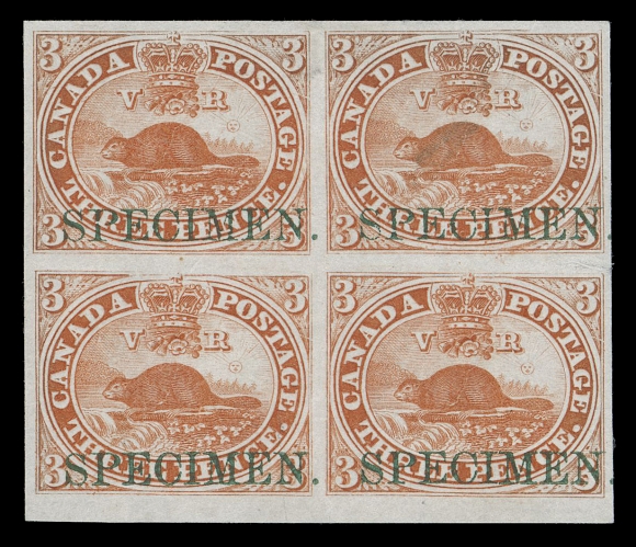 THREE PENCE AND FIVE CENTS  1TCi + variety,Trial colour plate proof block in brown red on india paper with horizontal SPECIMEN overprint in dark green; top stamps showing constant Sun Dot variety (Pane A, Position 83-84), VF (Unitrade cat. $ as normal proofs) ex. Henry Gates (Part I, March 1981; Lot 235)
