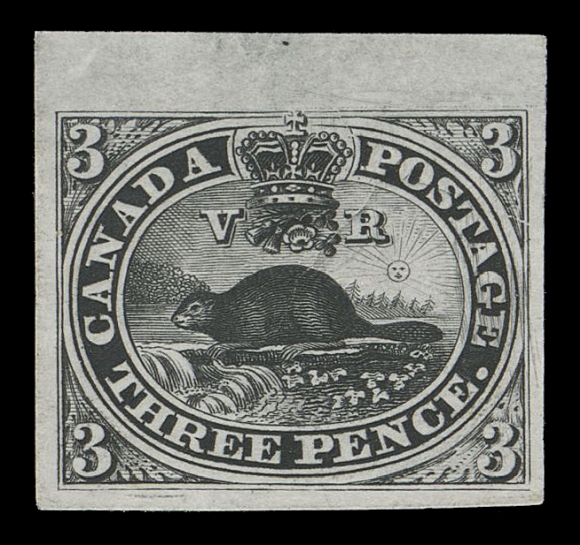 THREE PENCE AND FIVE CENTS  1TCii,Trial colour plate proof in black on india paper, sheet margin at top, large margins on other sides, VF; ex. "Lindemann" collection (private treaty circa. 1997)