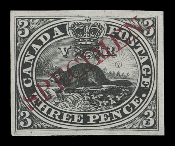 THREE PENCE AND FIVE CENTS  1TCiv,A seldom seen and choice trial colour plate proof in black on india paper with diagonal SPECIMEN overprint in carmine; a beautiful and key proof, XF; ex. "Lindemann" collection (private treaty circa. 1997)